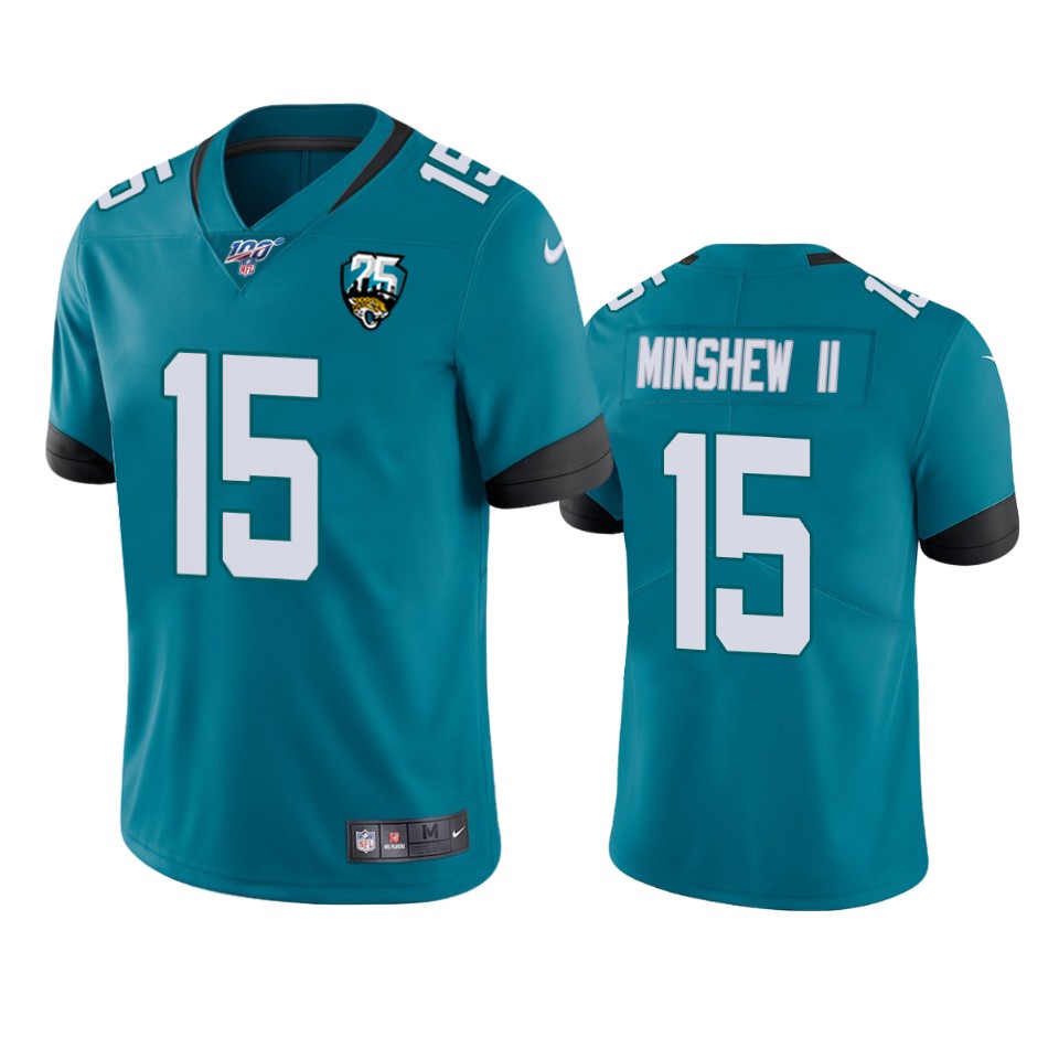 Men Nike Jacksonville Jaguars 15 Gardner Minshew II Teal 25th Anniversary Vapor Limited Stitched NFL 100th Season Jersey